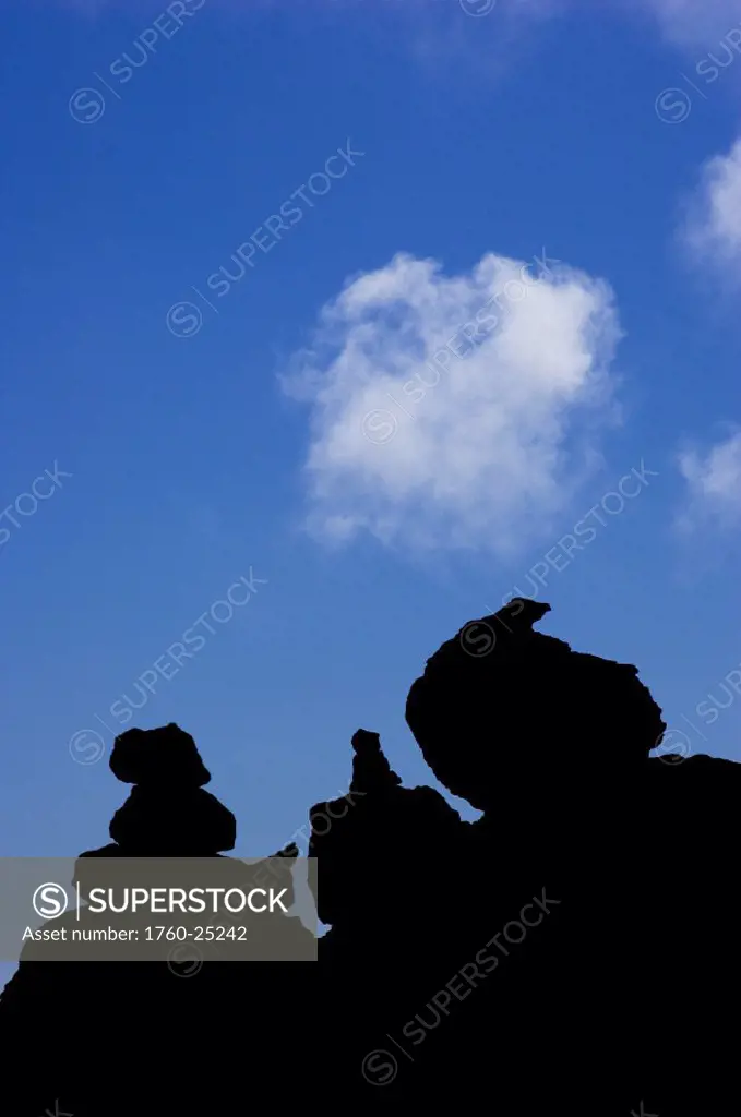Hawaii, Lanai, Garden of the Gods, Rock formations silhoutted against the sky.