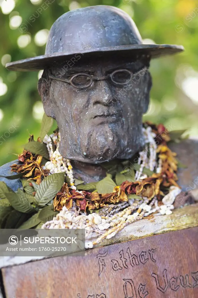 Hawaii, Molokai, Kalaupapa, Close-up statue, bust of Father Damien with lei