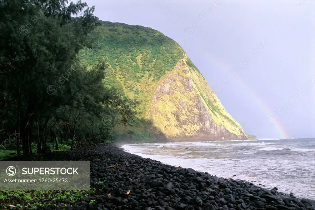 HI, BigIsle, Waimanu Valley shoreline, black sand beach, rainbow over ocean, Ironwood trees