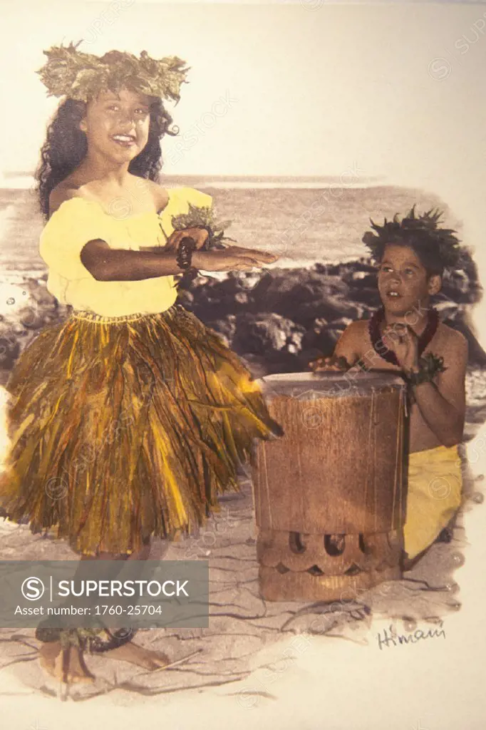 Young girl does hula and boy plays drums
