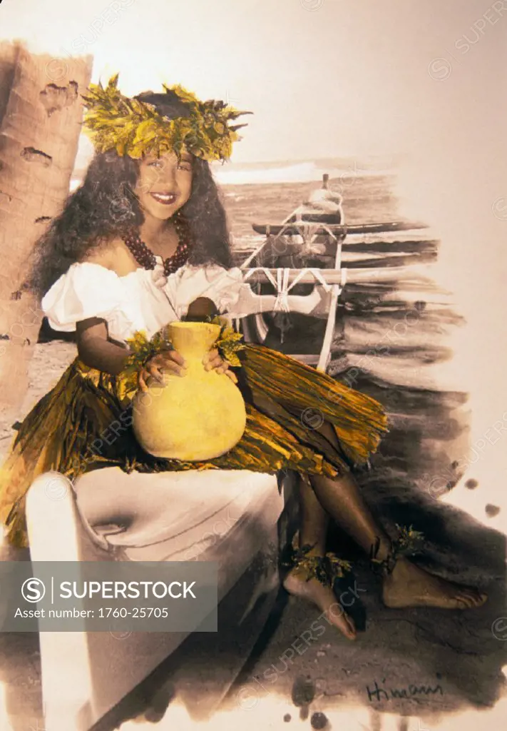 Young girl sitting on outrigger canoe, ipu in hand