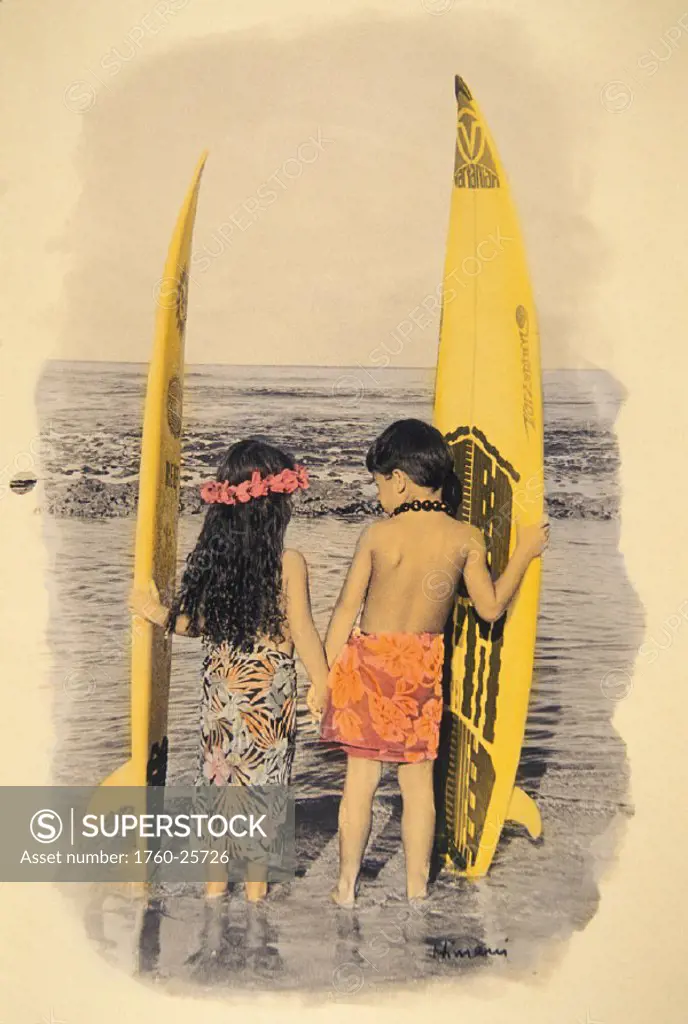 Boy and girl face ocean hold surfboards and hold hands, view from behind
