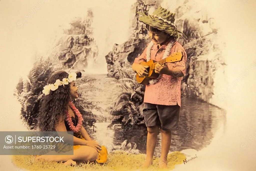 Boy plays ukulele to girl sitting down in front of waterfall