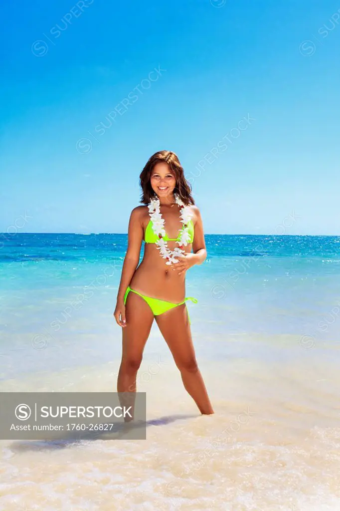Hawaii, Oahu, Lanikai, Beautiful woman on the beach.