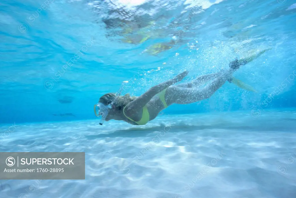 Cayman Islands, Side view of woman snorkeler underwater in shallow turquoise ocean, sandy bottom