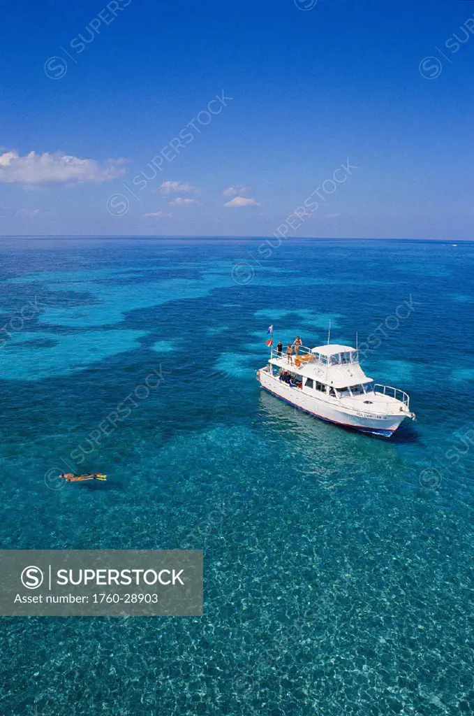 Florida vu fr above snorkeler couple and boat off Molasses Reef Key Largo Atlantic Ocean