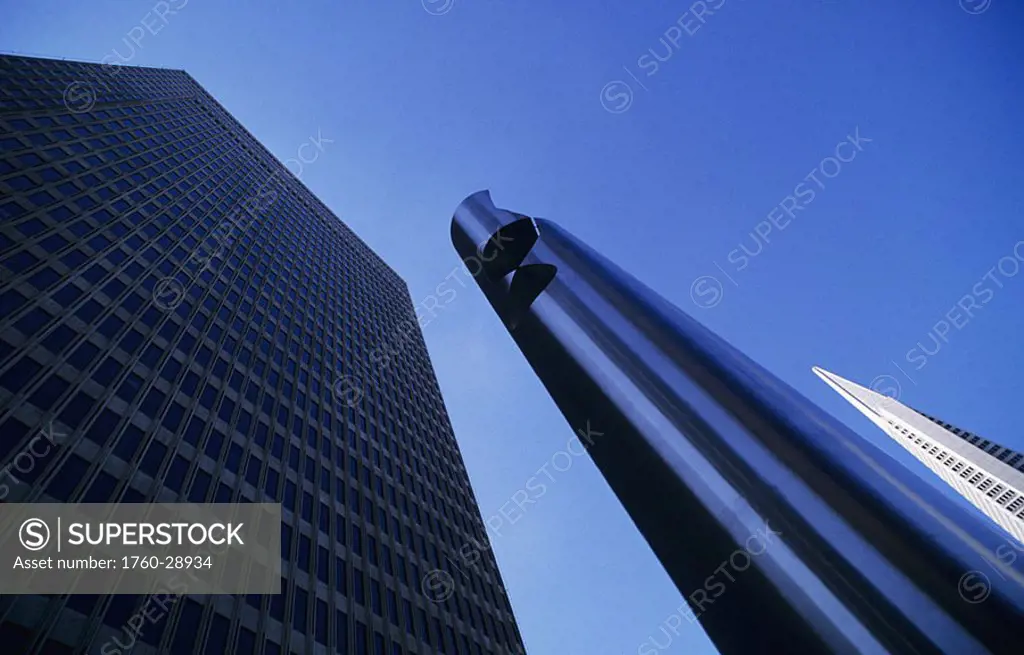 California, San Francisco, Financial district, Skyscrapers against blue sky, View from below