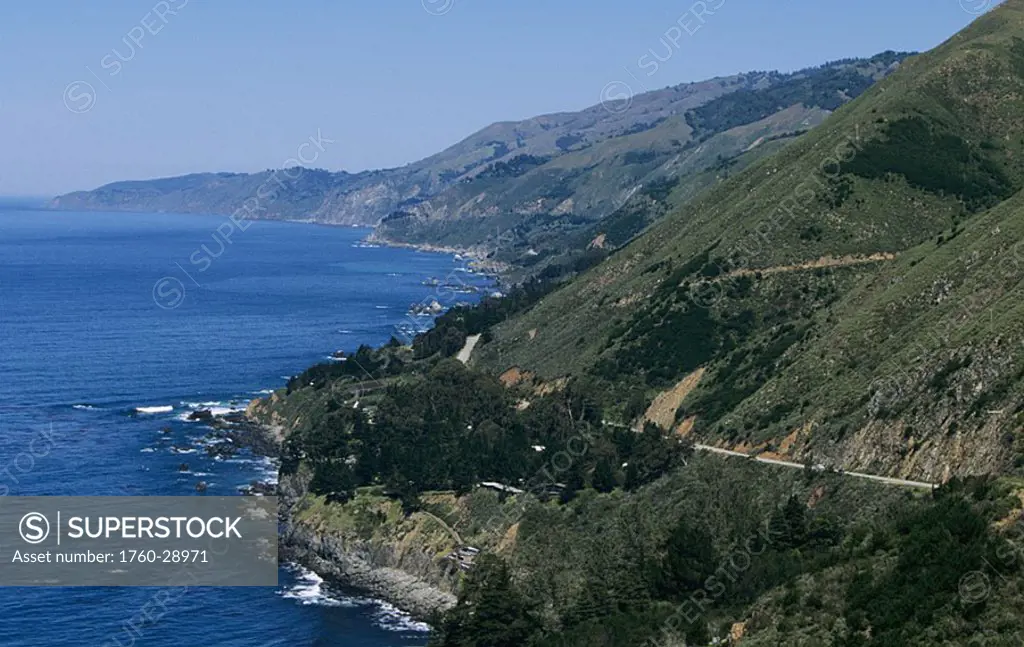 California, Big Sur Coast, Highway along ocean shoreline and hills