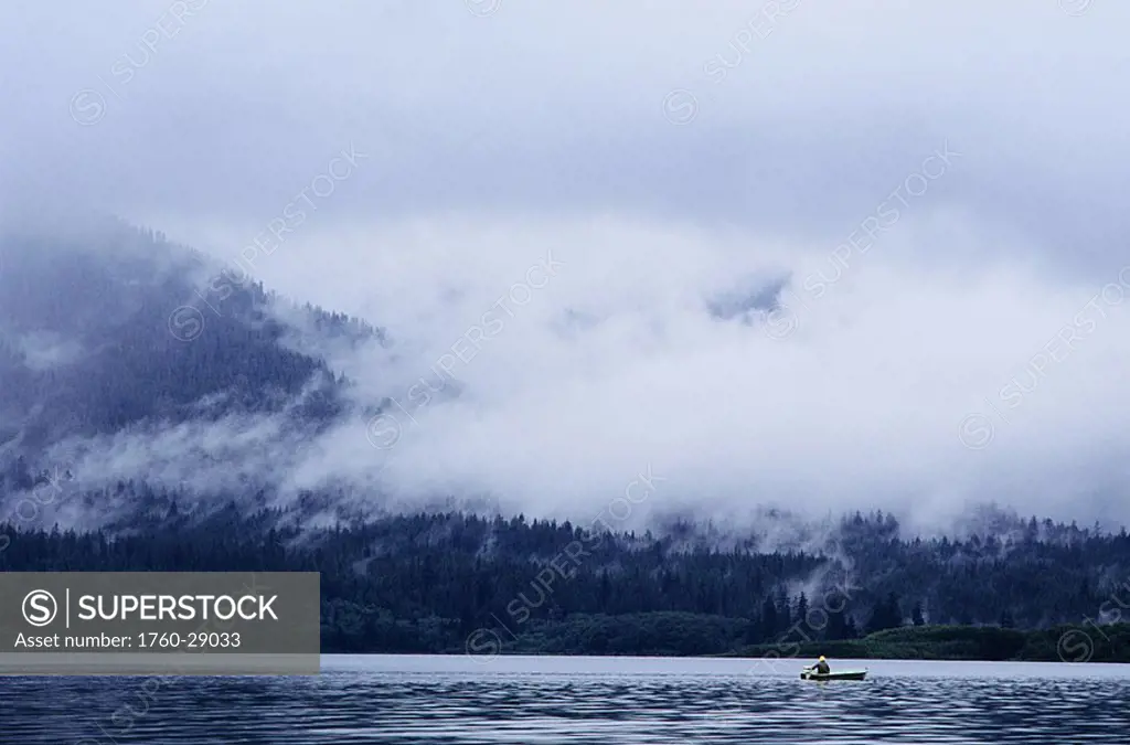 Washington, Olympic National Forest, Lake Quinault, Fisherman in distance
