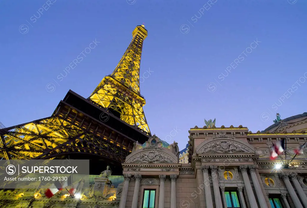 Nevada, Las Vegas, Paris Hotel and Casino, Eiffel Tower replica rises above the Vegas strip