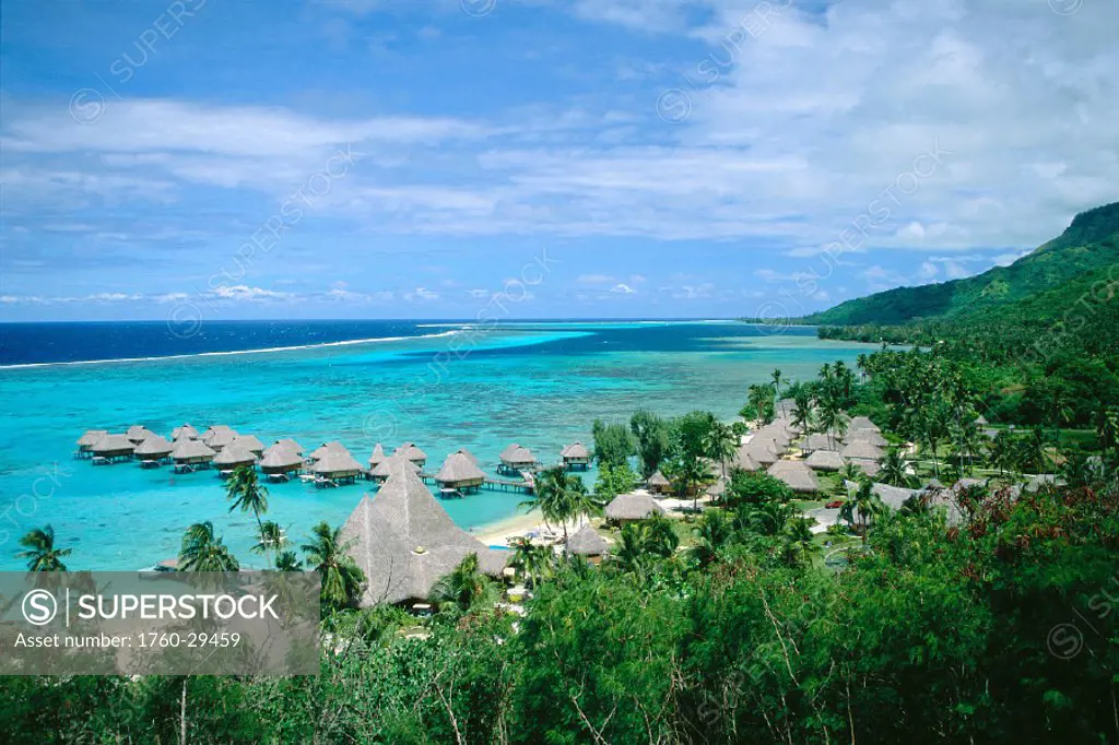 Tahiti, Moorea, elevated view of Hotel Sofitel, surrounding turquoise ocean