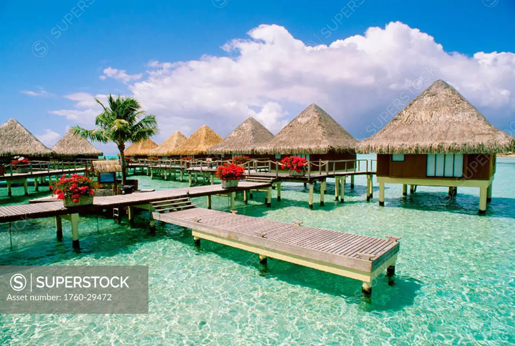 French Polynesia, Tahiti, Moana Beach Park Royal Resort, bungalows over ocean