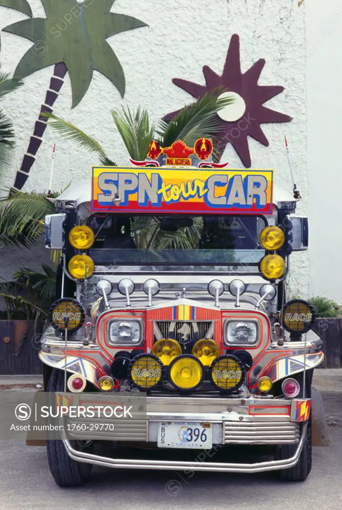Micronesia, Mariana Islands, Saipan, SPN tour car, colorful customized Jeep jitney