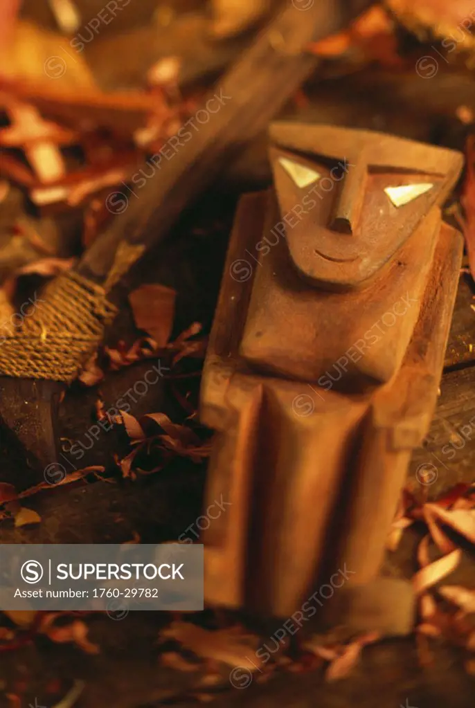 Micronesia, Yap, Closeup of wood carving on table with shavings