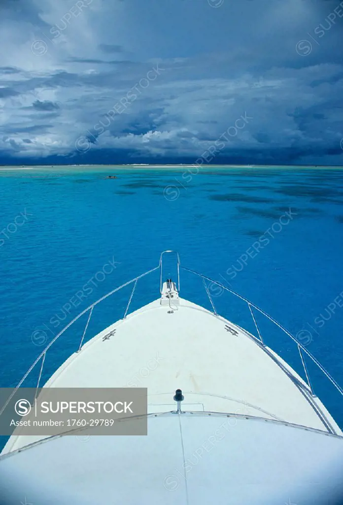 Micronesia, Truk Lagoon, white bow of Sundance dive boat, turquoise water