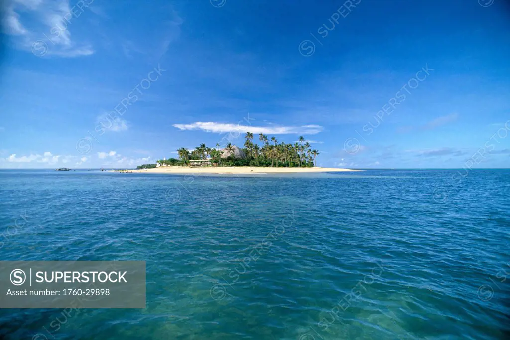 Tonga, Atata,  view of Royal Sunset Resort & surrounding ocean, palm trees, blue sky