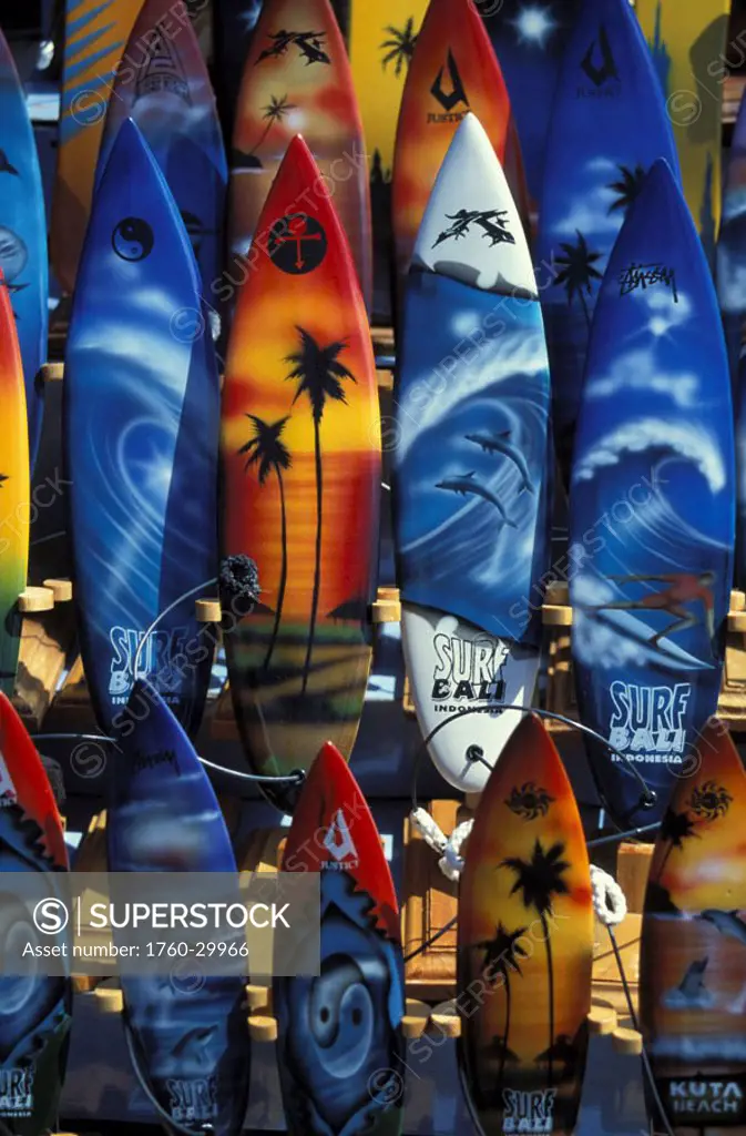 Indonesia, Bali, Kuta Beach, miniature surfboards for sale, closeup in store