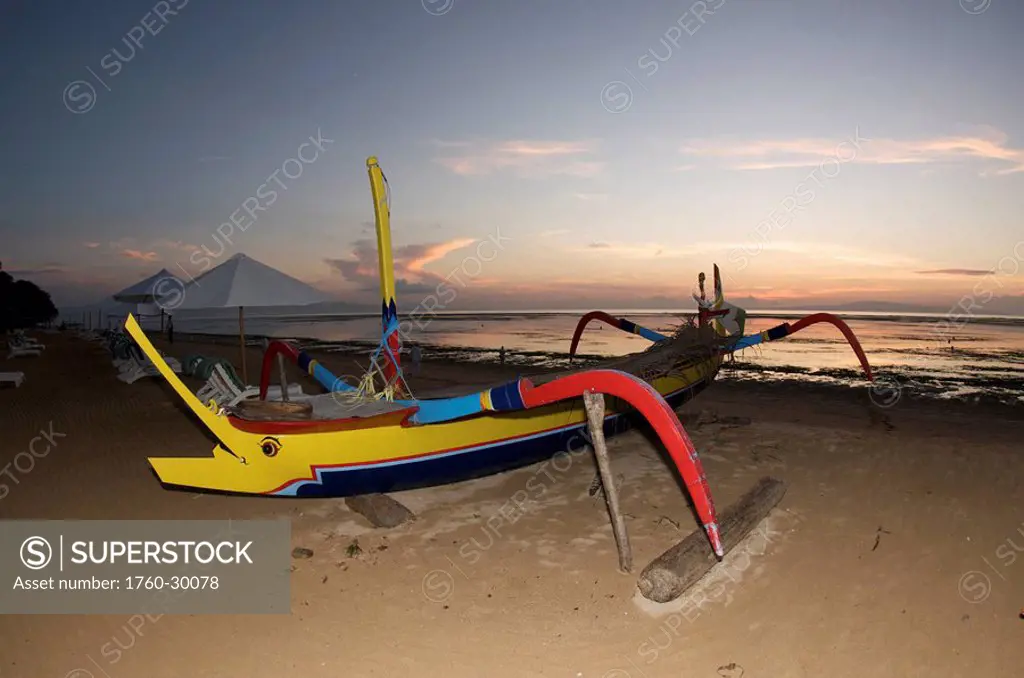 Indonesia, Bali, Sanur Beach, Outrigger boat on Beach
