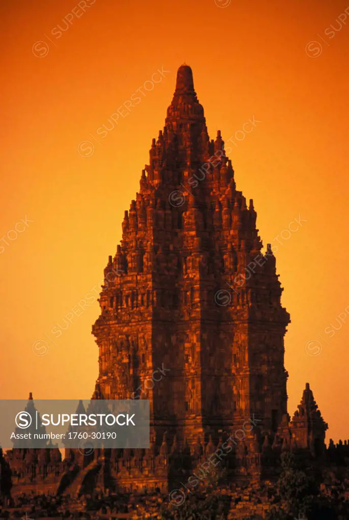 Indonesia, Java, Prambanan, Shiva Mahadeva temple stone architecture at sunset