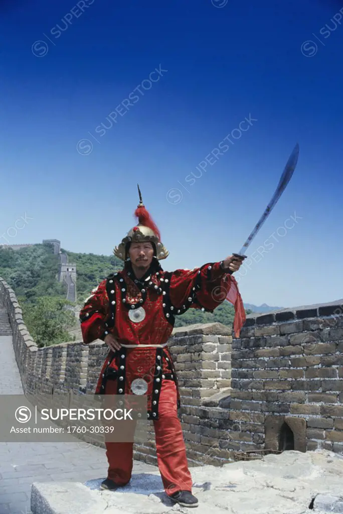China, Mu Tian Yu, The Great Wall of China, Chinese man in traditional warrior attire holding sword