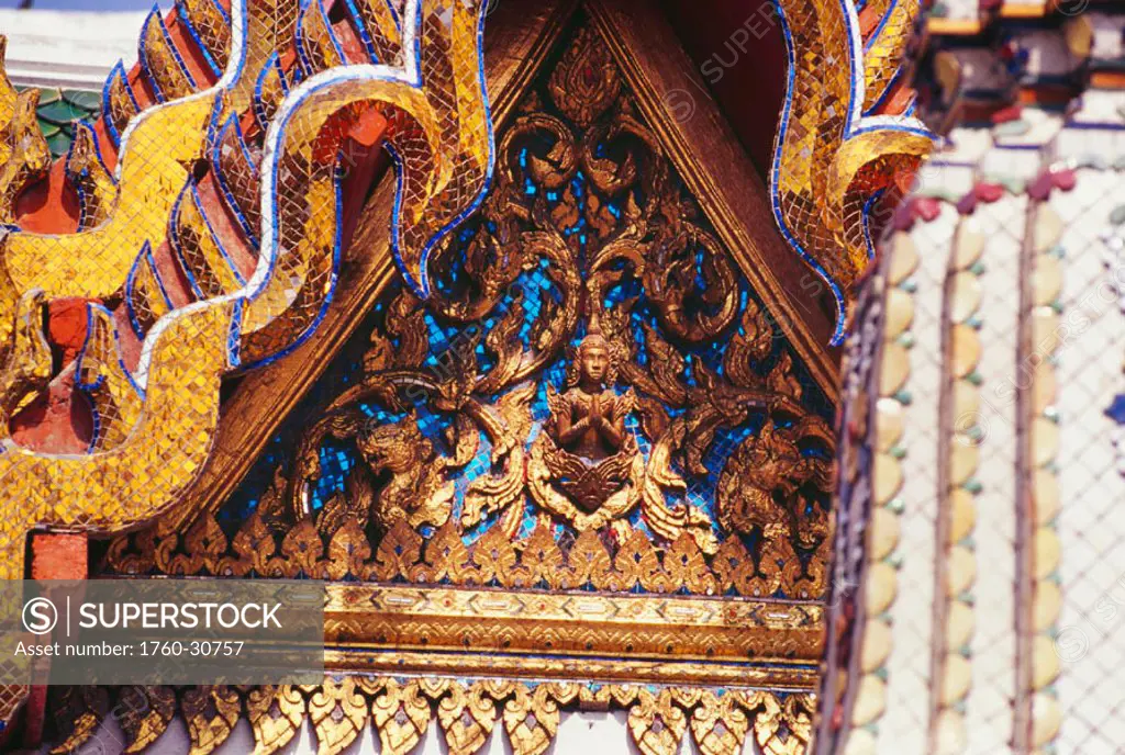 Thailand, Bangkok, Wat Phra Keo (Grand Palace), intricate detail of architecture.