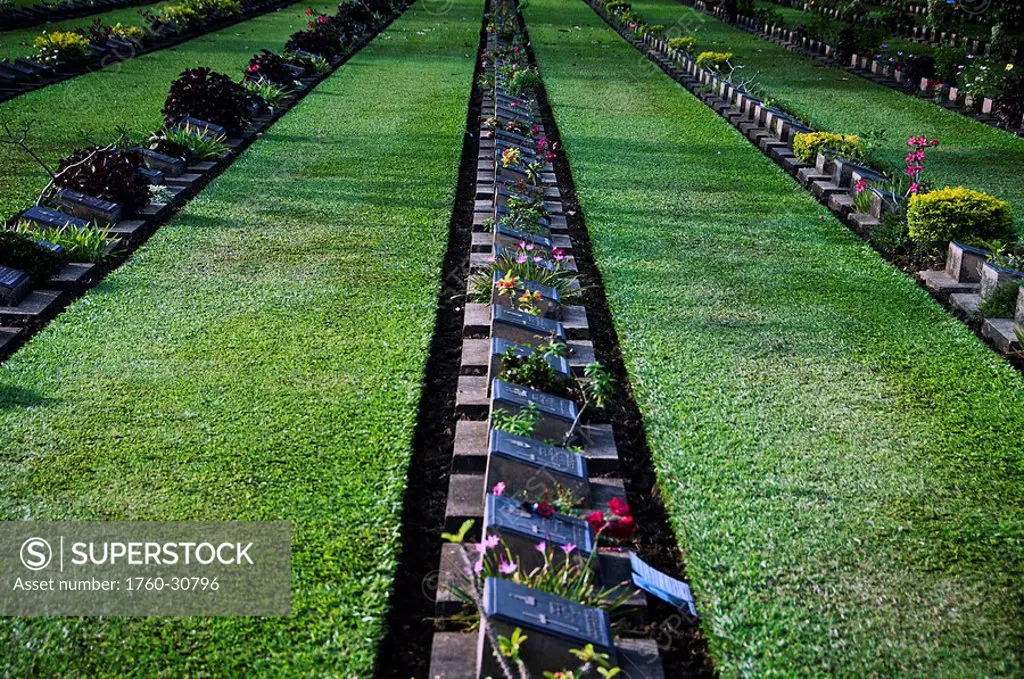 Thailand, Kanchanaburi, Headstones at Kanchanaburi War Cemetery Don Rak