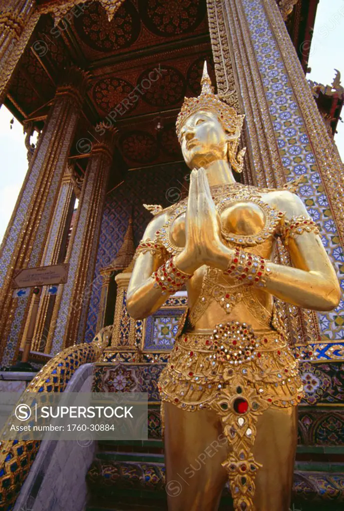 Thailand, Bangkok, Wat Phra Keo, Golden statue Apsonsi, half woman half lion