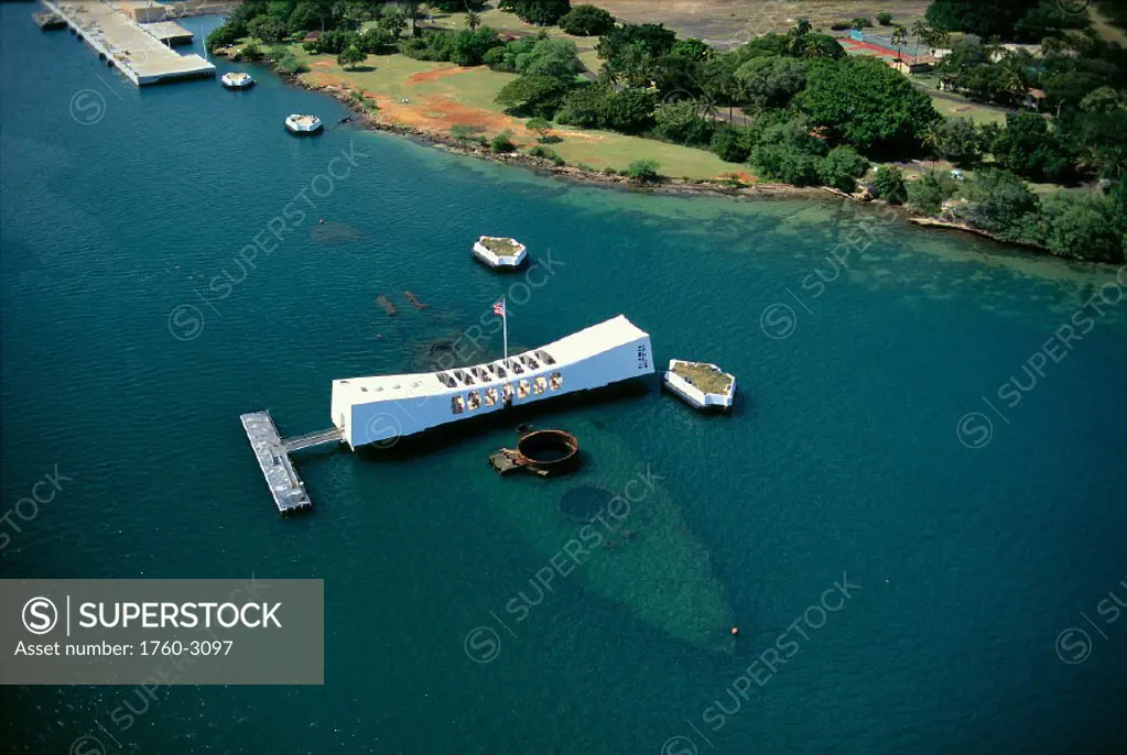 Hawaii, Oahu, Pearl Harbor Arizona Memorial aerial view with ship visible below A42A