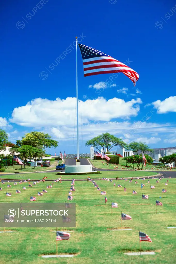 Hawaii, Oahu, Punchbowl Cemetary of the Pacific, large American flag blowing in wind, graves with individual flags