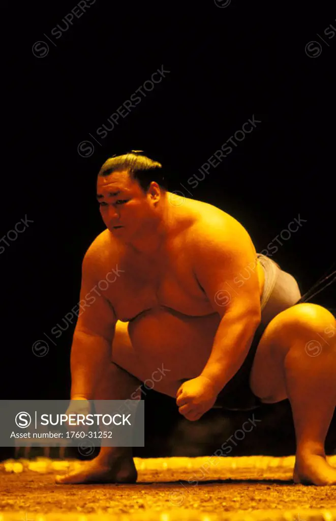 Japan, Tokyo, Sumo wrestler preparing to fight, squatting in attack postion ´NO MODEL RELEASE´