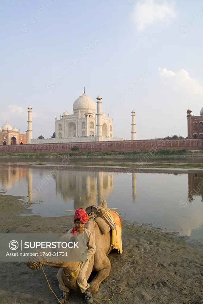 India, Agra, young boy on a camel seated in front of the Taj Mahal