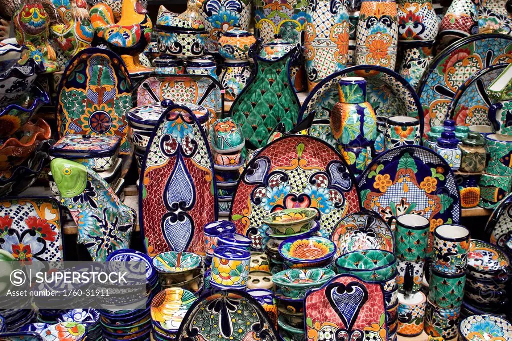 Mexico, Guanajuato, San Miguel de Allende, Display of ceramic items for sale.