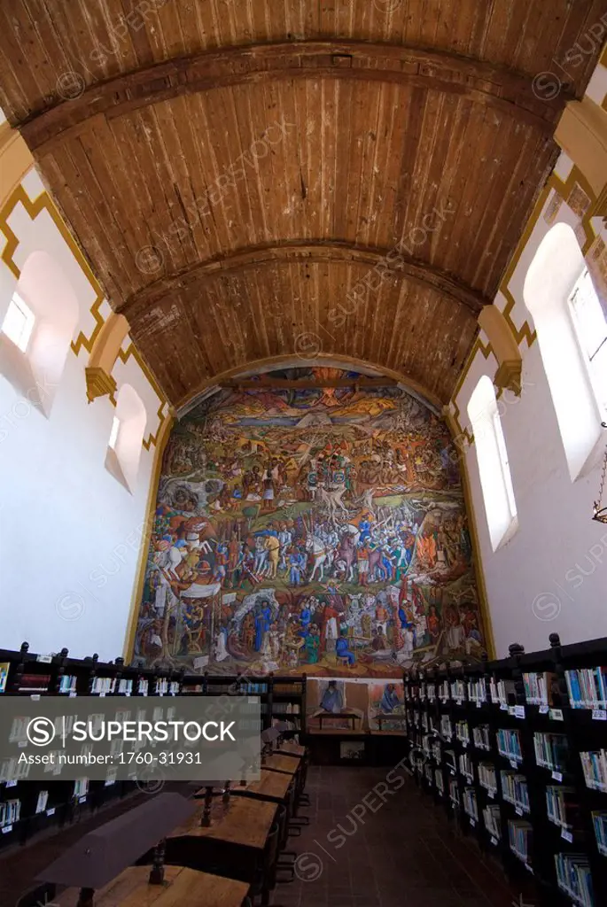 Mexico, Michoacan, Patzcuaro, Biblioteca library Gertrudis Bocanegra, mural on back wall painted by Juan O´Gorman.