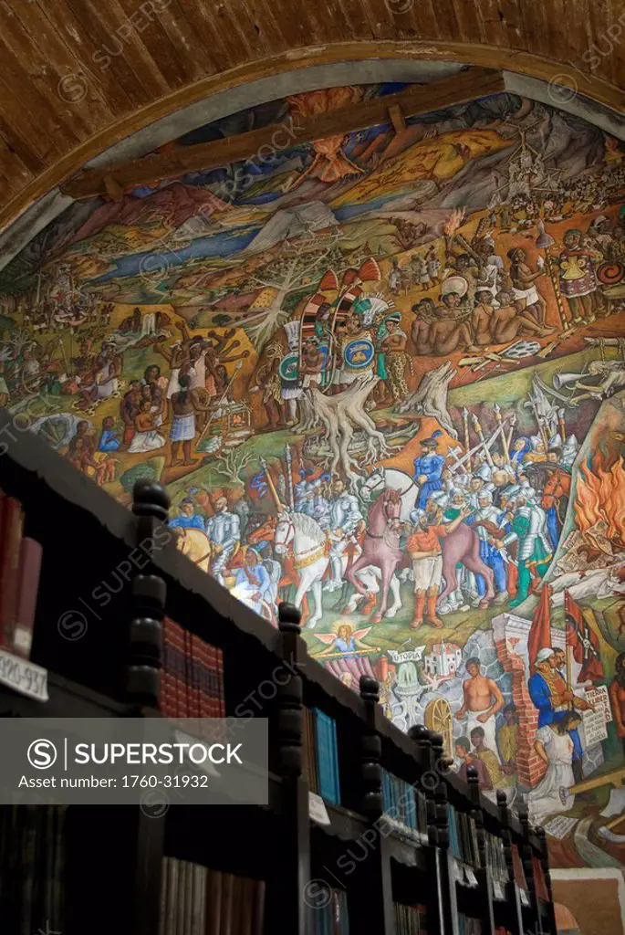 Mexico, Michoacan, Patzcuaro, Biblioteca library Gertrudis Bocanegra, mural on back wall painted by Juan O´Gorman.