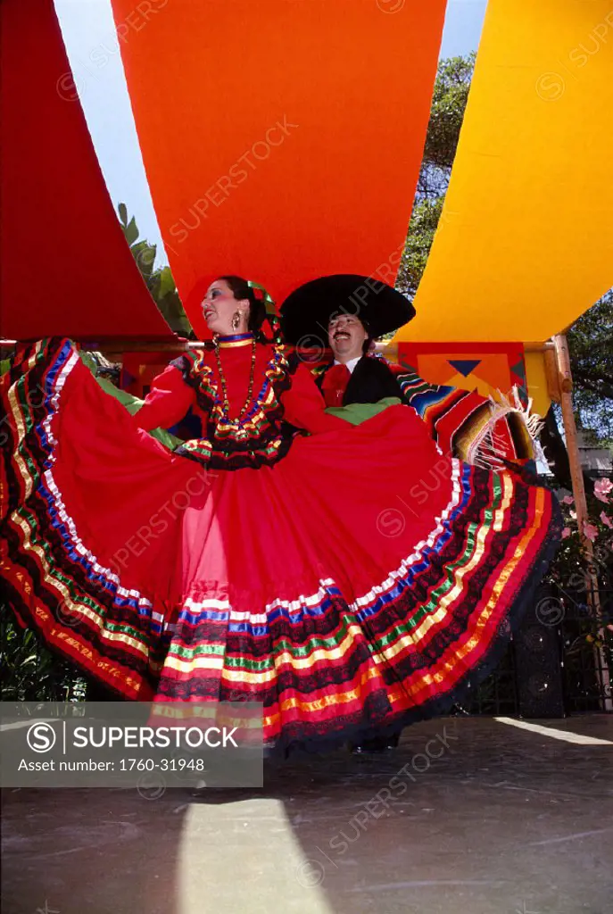 Mexican couple dancing in bright colorful native costumes