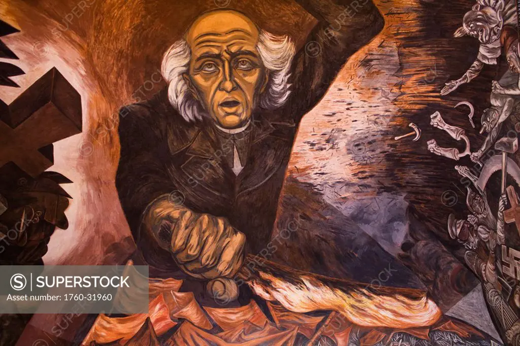 Mexico, Jalisco, Guadalajara, Governors Palace, ceiling mural of Miguel Hidalgo Mexican revolutionary hero, painted by Jose Clemente Orozco.