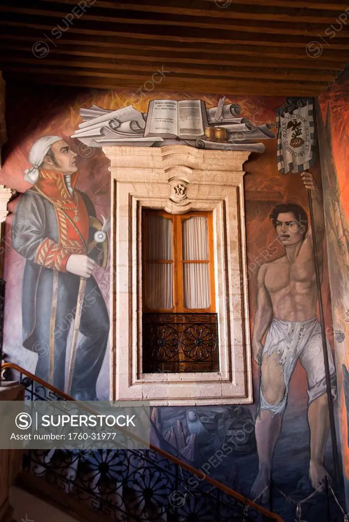 Mexico, Michoacan, Morelia, Palicio de Justica, murals of Jose Maria Morelos a revolutionary hero, painted by Agustin Cardenas.