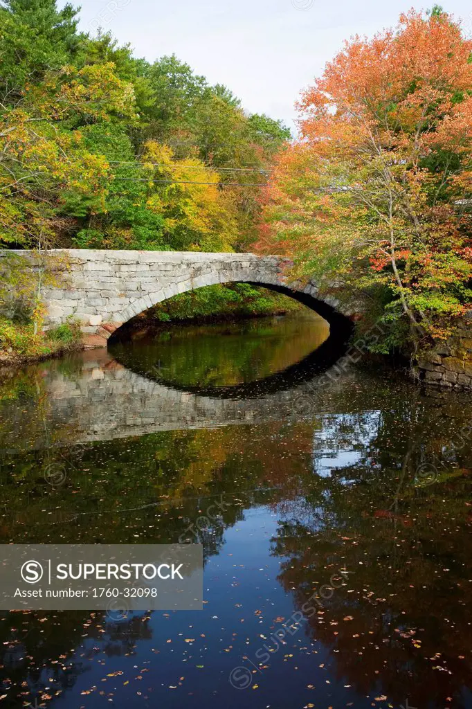 New England, Massachusetts, Blackstone Valley, Bridge Over River In Autumn.
