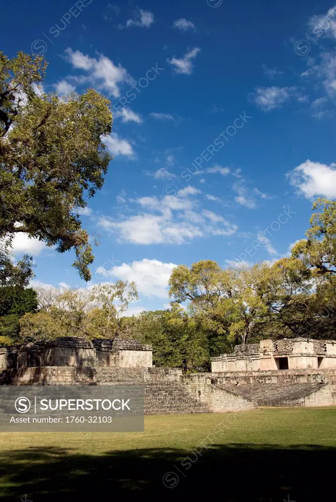 Honduras, Copan Ruinas, Copan Archeological Park, Structure # 9 (Left), Ball Court (Right)