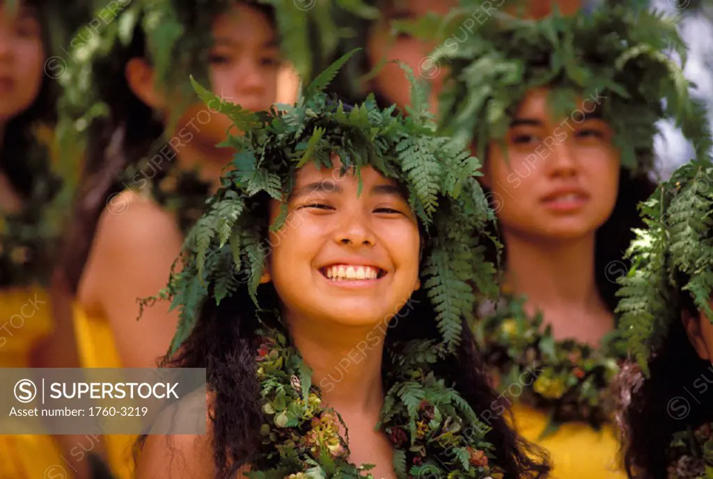 Hawaii, Hula Kahiko Kalihi-Palama CandA Society, Young girls sitting in group smiling