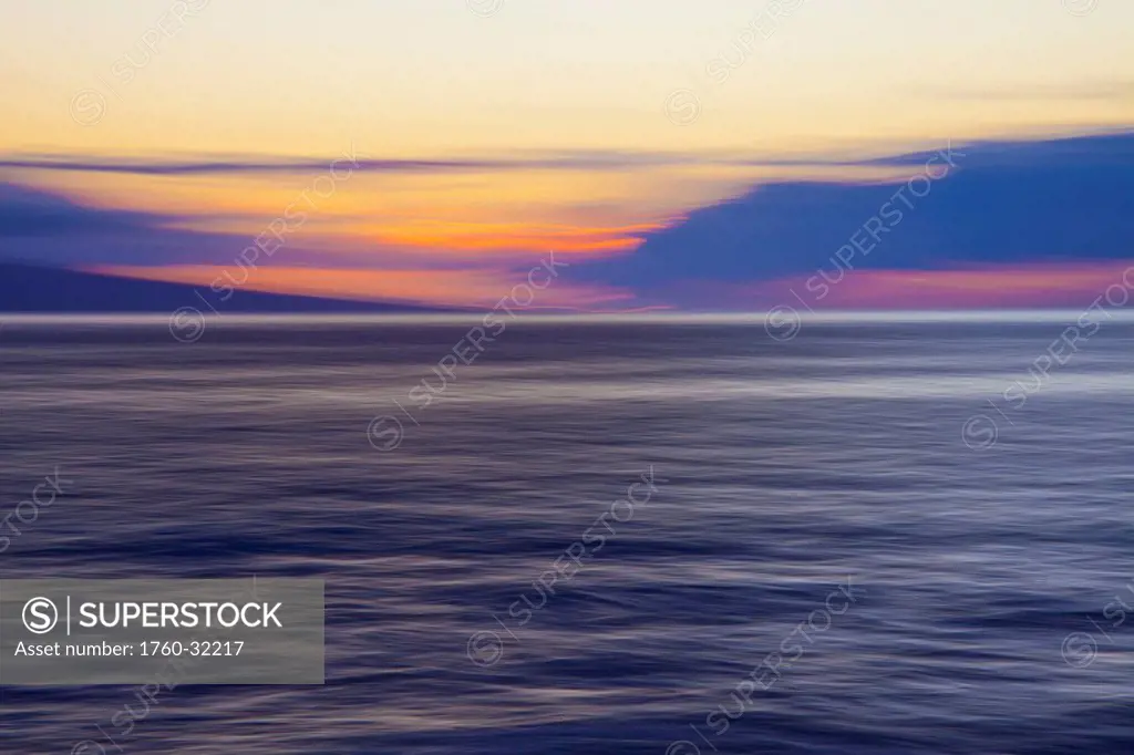 Hawaii, Maui, Ocean Waves In Motion And A Vibrant Tropical Sunset.