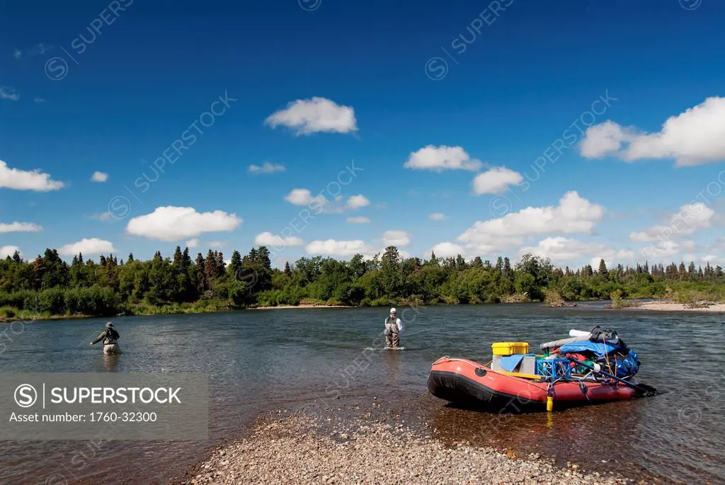United States, Alaska, Alagnak River, Fly Fishermen With Raft