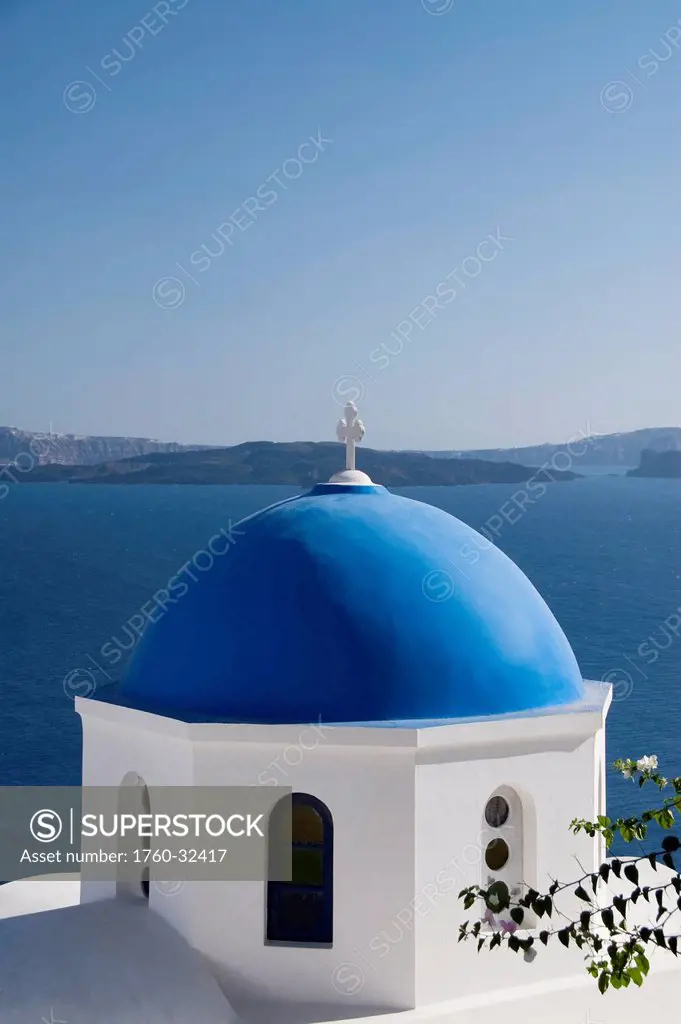 Greece, Santorini, Oia, Architectural Detail Of Greek Orthodox Chrurch, Island Of Thirassia In The Distance.