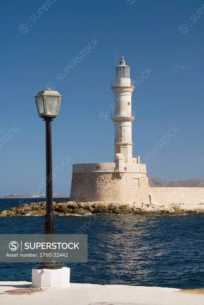 Greece, Crete, Hania, Architectural Detail Of A Street Light And Lighthouse.