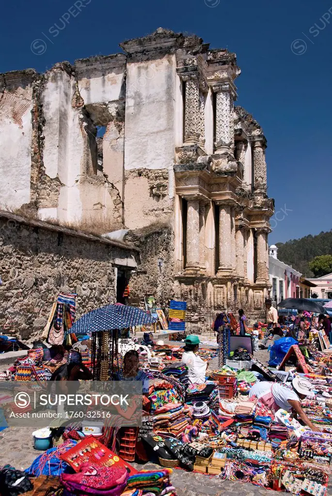 Guatemala, Antigua, The Ruins Of The Hermitage Of El Carmen, Local Market In Front Of El Carmen
