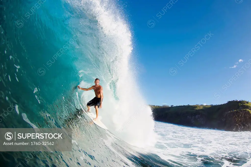 Hawaii, Maui, Kapalua, Surfer Rides A Wave At Honolua Bay. Editorial Use Only.