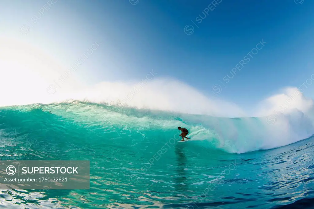 Hawaii, Maui, Honolua Bay, Silhouette Of Surfer On Ocean Wave.