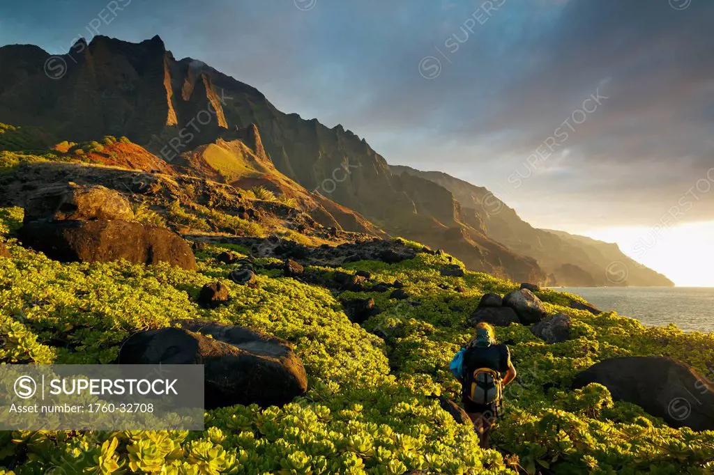Hawaii, Kauai, Napali Coast, Hiking On The Napali Coast Trail At Sunset.