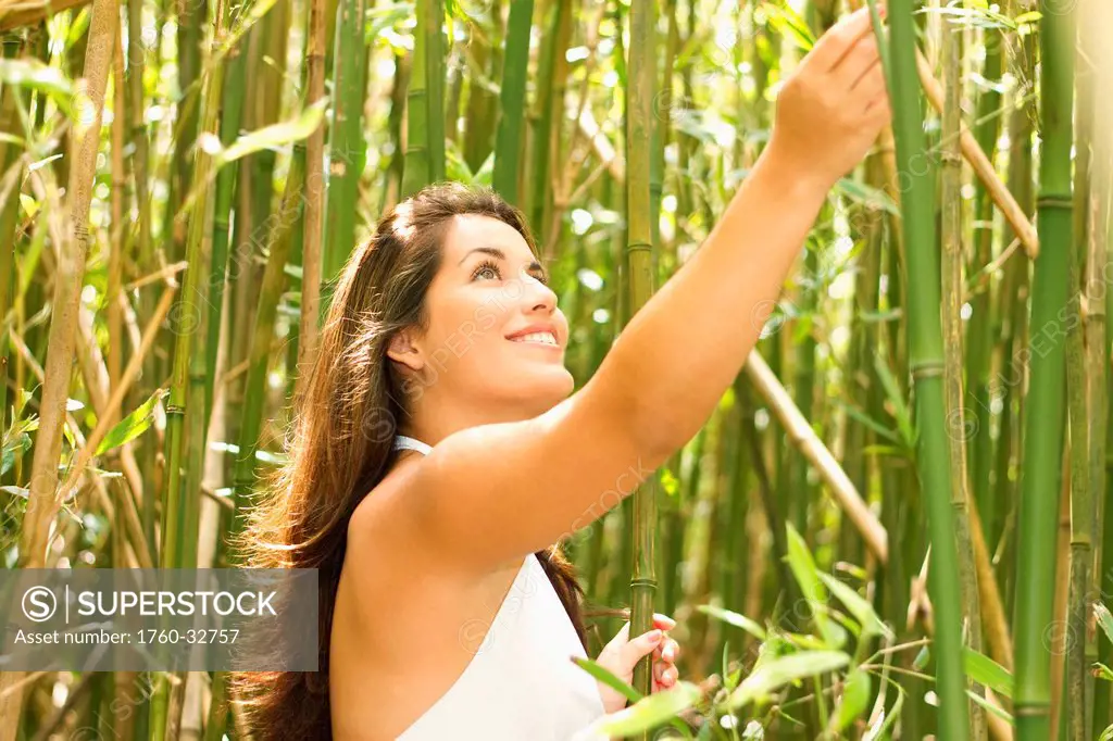 Hawaii, Woman Looking At Bamboo Stalks On A Trail.