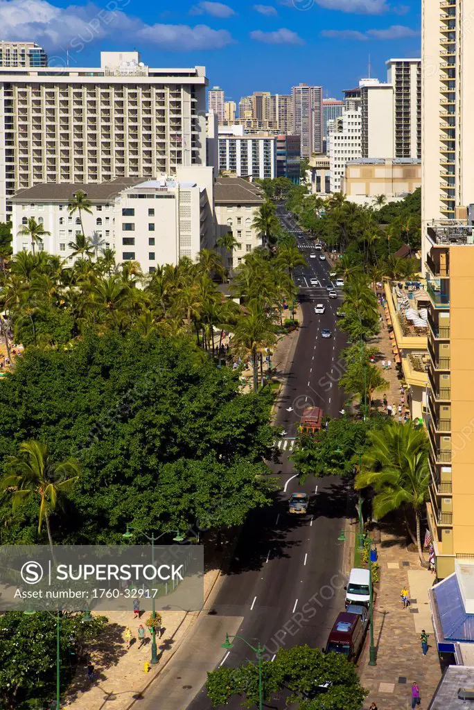 Hawaii, Oahu, Waikiki, An Aerial View Of Kalakaua Avenue